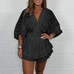 🔥V-Neck Top & Ruffle Hem Shorts Set