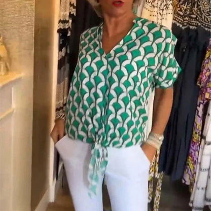 Short-Sleeved V-Neck Printed Casual Top