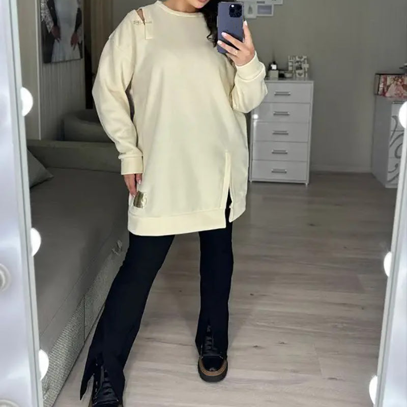 🍂Stylish Round-Neck Side-Slit Long-Sleeve Loose Midi Dress ✨