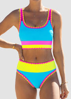 🌼Color Block Patchwork Nylon Sporty 3-Piece Bikini Set - High Waisted & Tummy Control Swimsuit👙🌈