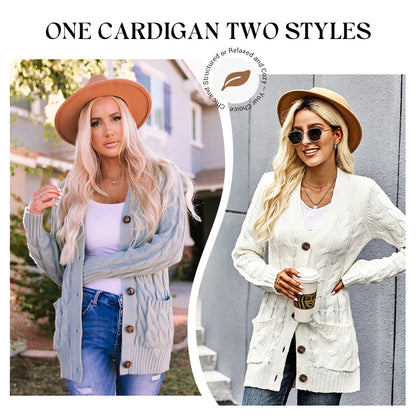Women's Fall Casual Long Sleeve Button Down Open Front Cable Knit Cardigan Sweater Coat