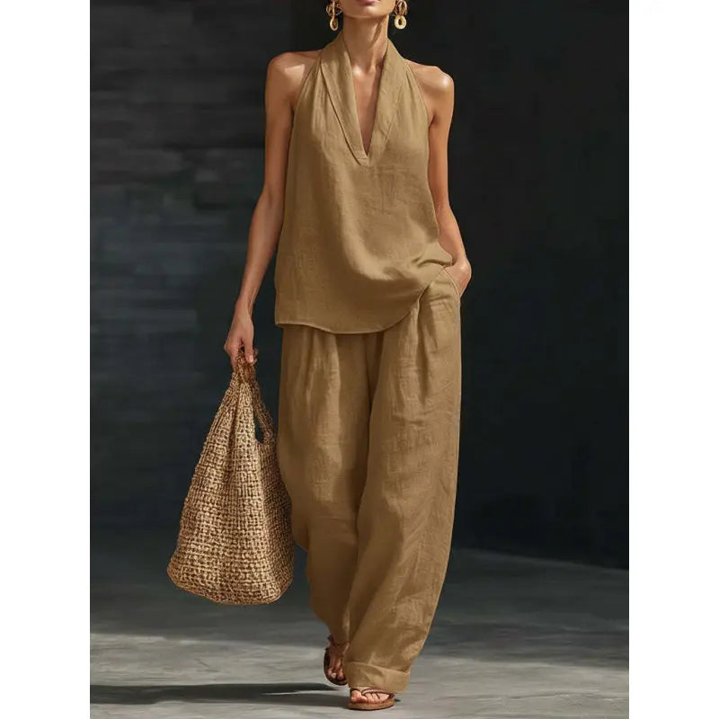 Boho Linen Two Piece Set - Perfect for Beach, Vacation & Brunch! Halter Neck Sleeveless Top Wide Leg Pants Set