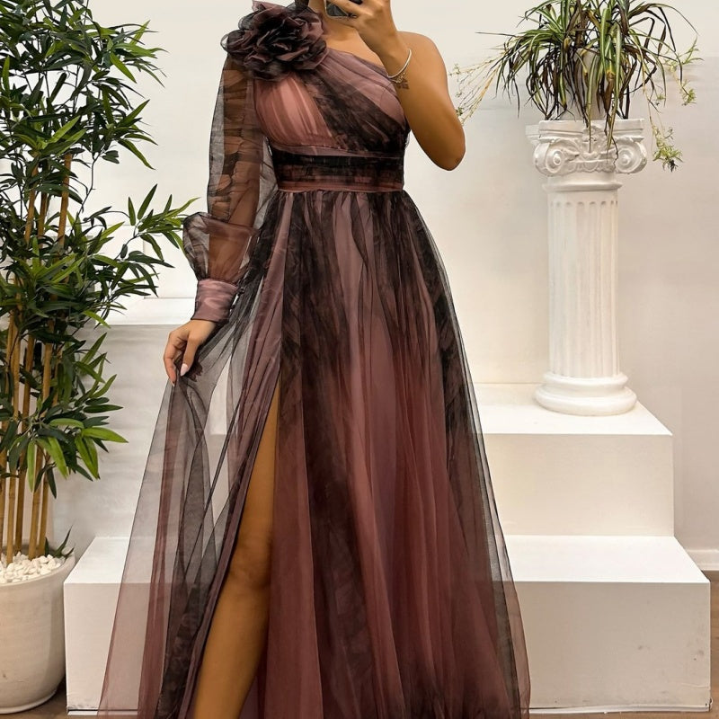 💥Women's Fashion Slant Shoulder Mesh Printed Dresses