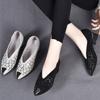 Hollow Mesh Rhinestone Chunky Heel Sandals