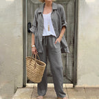Women's linen Solid Color Casual Shirt & Pants Two Piece Set