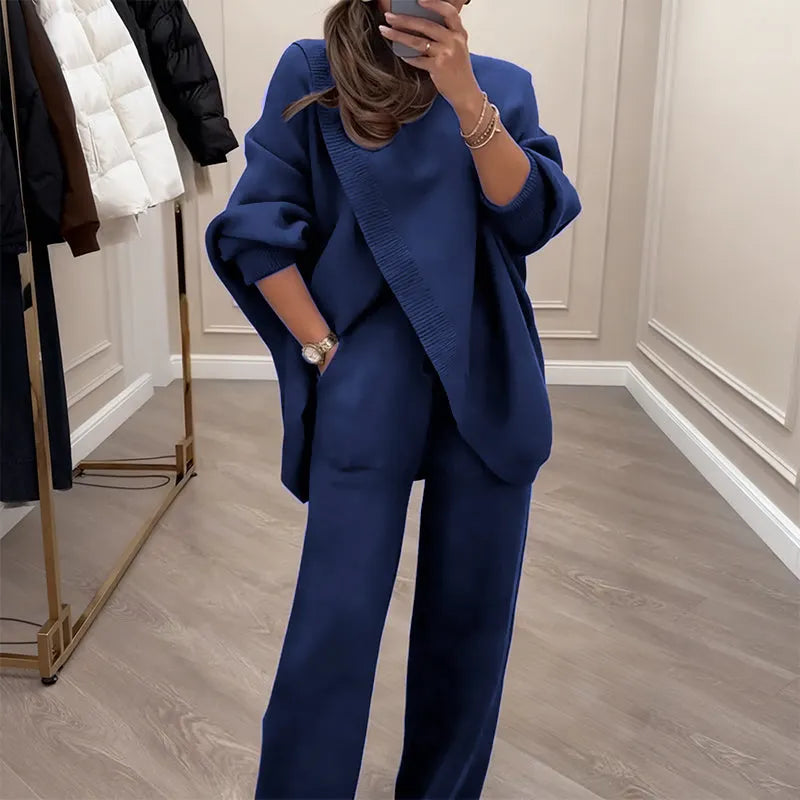 Women's 2-piece set – Asymmetrical sweater + wide-leg pants, relaxed fit and soft fabric, ultra comfortable 👚✨