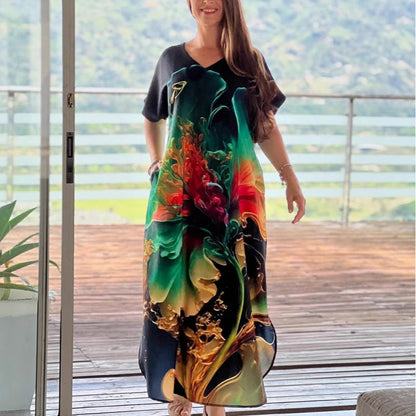 🌴Summer Specials SALE 🌴Women's Loose Casual V-Neck Printed Short Sleeve Dresses