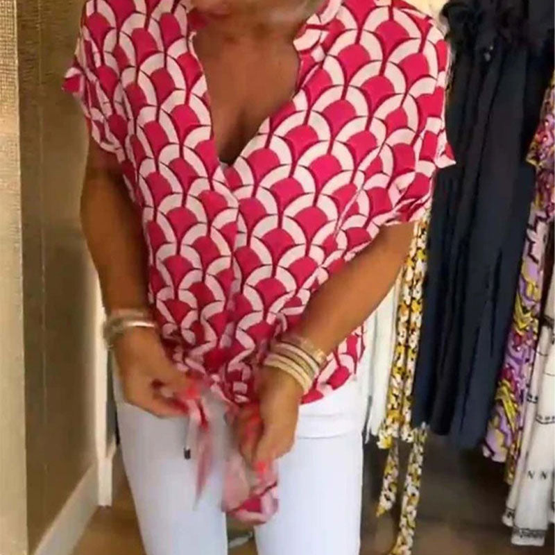 Short-Sleeved V-Neck Printed Casual Top