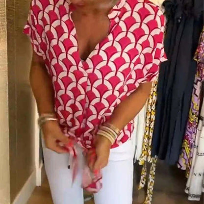 Short-Sleeved V-Neck Printed Casual Top