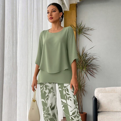 💖Women’s Printed Pants and Crew Neck Top Set