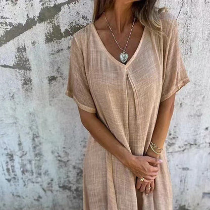 🔥Women's Loose V-neck Cotton Linen Dress
