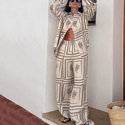 Women's Geometric Print 2-Piece Set - Shirt and Wide Leg Pants