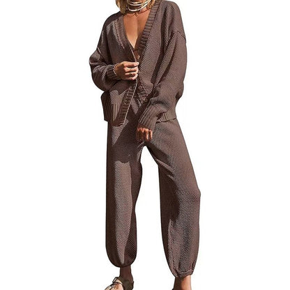 Women's Casual 2-piece Outfits Oversized Knit Cardigan and High-waist Baggy Pants