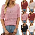 Women's Round Neck Hollow Knit Crochet Short Sleeve Sweater