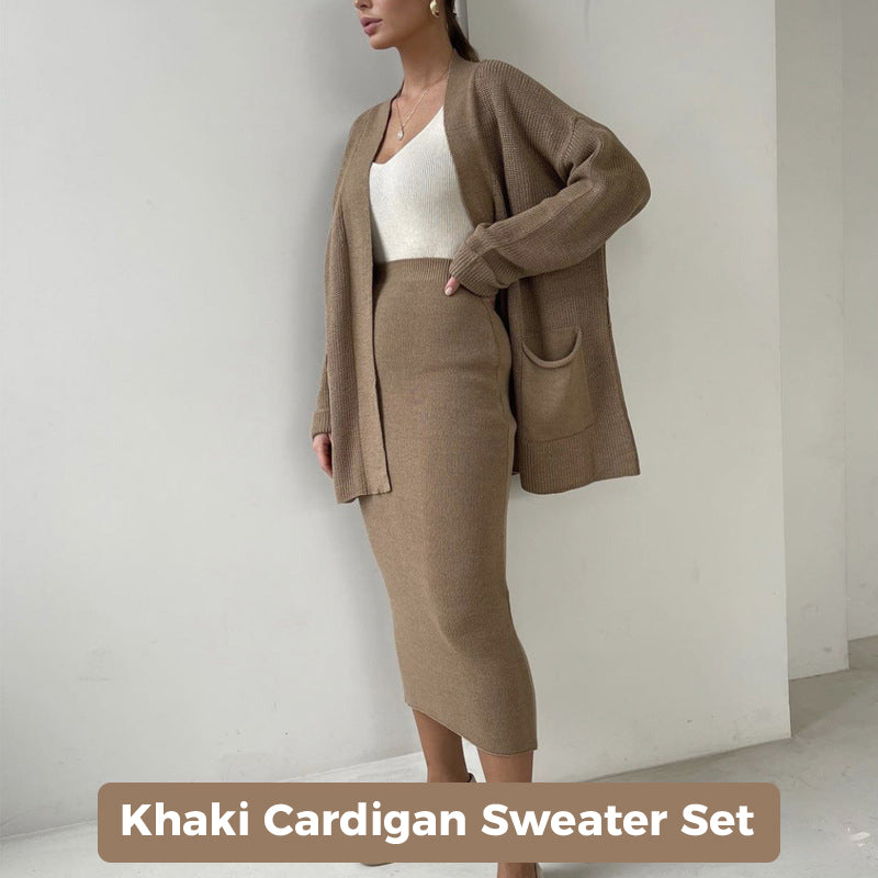 Women's Casual Knit Cardigan Sweater & High Waist Skirt 2-Piece Set