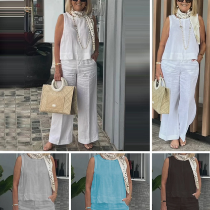 Women's Simple Breathable Suit - Round-Neck Sleeveless Top & Wide-Leg Pants