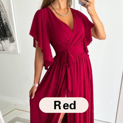 Women's Ruffle Sleeve Surplice Neck High Split  Dress With Belt