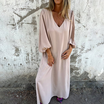 V-neck Solid Color Lantern Sleeve Dress