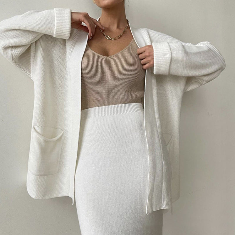 Women's Casual Knit Cardigan Sweater & High Waist Skirt 2-Piece Set