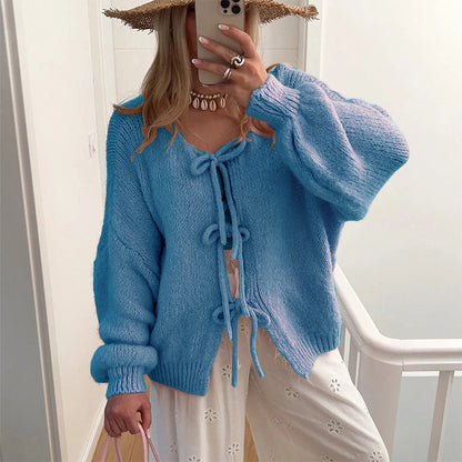 ✨Hot sale🔥Women's Long Sleeve Tie Front Knit Sweater