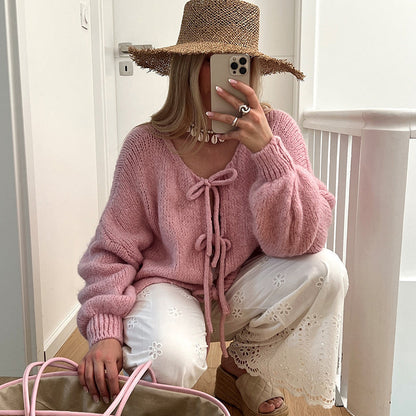 ✨Hot sale🔥Women's Long Sleeve Tie Front Knit Sweater