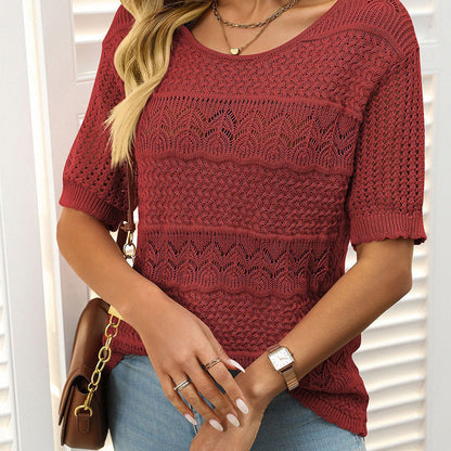 Women's Round Neck Hollow Knit Crochet Short Sleeve Sweater