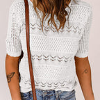 Women's Round Neck Hollow Knit Crochet Short Sleeve Sweater