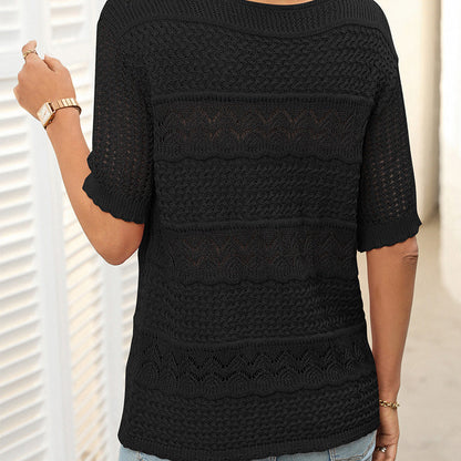 Women's Round Neck Hollow Knit Crochet Short Sleeve Sweater
