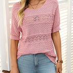 Women's Round Neck Hollow Knit Crochet Short Sleeve Sweater