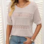 Women's Round Neck Hollow Knit Crochet Short Sleeve Sweater