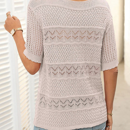 Women's Round Neck Hollow Knit Crochet Short Sleeve Sweater