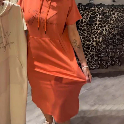🔥Women’s Solid Short-Sleeve Hooded Long Dress