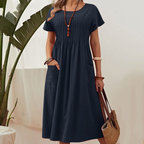 👗 Women’s Pleated Short-Sleeve Dress with Pockets – Soft Cotton-Linen Blend ☀️👜