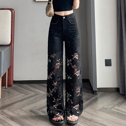 💜Women’s Spliced Hot Rhinestones Printing Hollow Pants