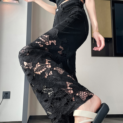 💜Women’s Spliced Hot Rhinestones Printing Hollow Pants