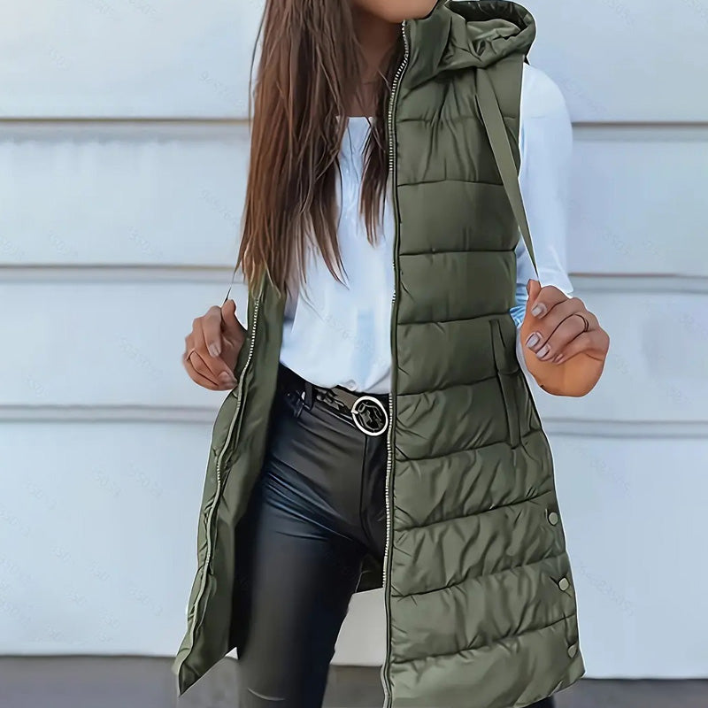 Women’s Zip-Up Long Puffer Vest👗 | Solid Color | Sleeveless | Hooded | Winter Wear 💕