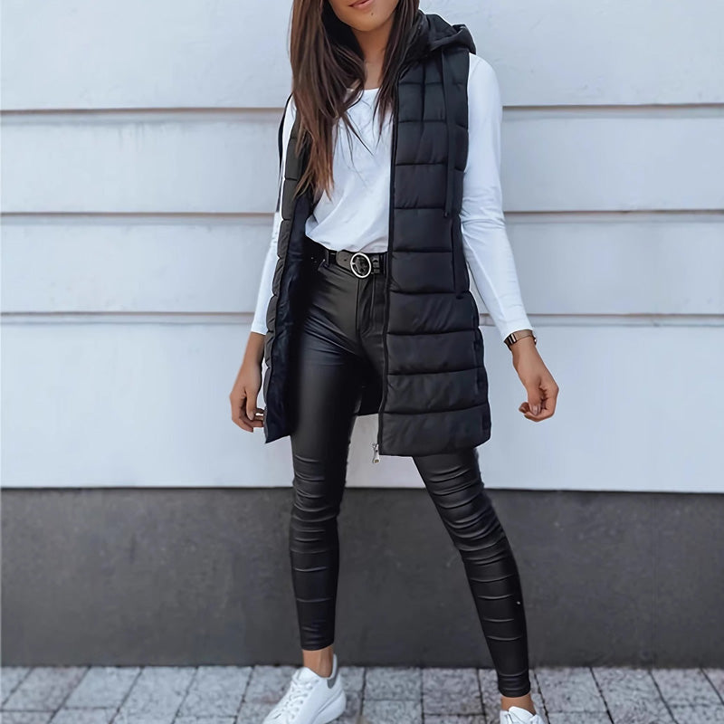 Women’s Zip-Up Long Puffer Vest👗 | Solid Color | Sleeveless | Hooded | Winter Wear 💕