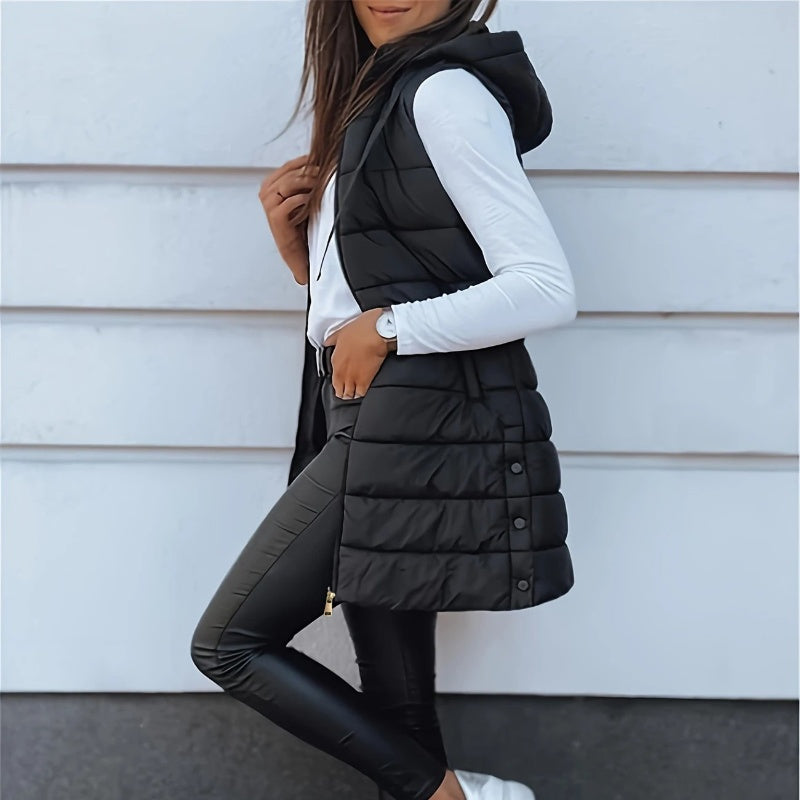 Women’s Zip-Up Long Puffer Vest👗 | Solid Color | Sleeveless | Hooded | Winter Wear 💕