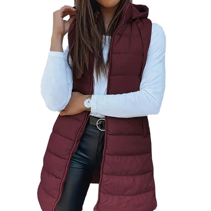 Women’s Zip-Up Long Puffer Vest👗 | Solid Color | Sleeveless | Hooded | Winter Wear 💕