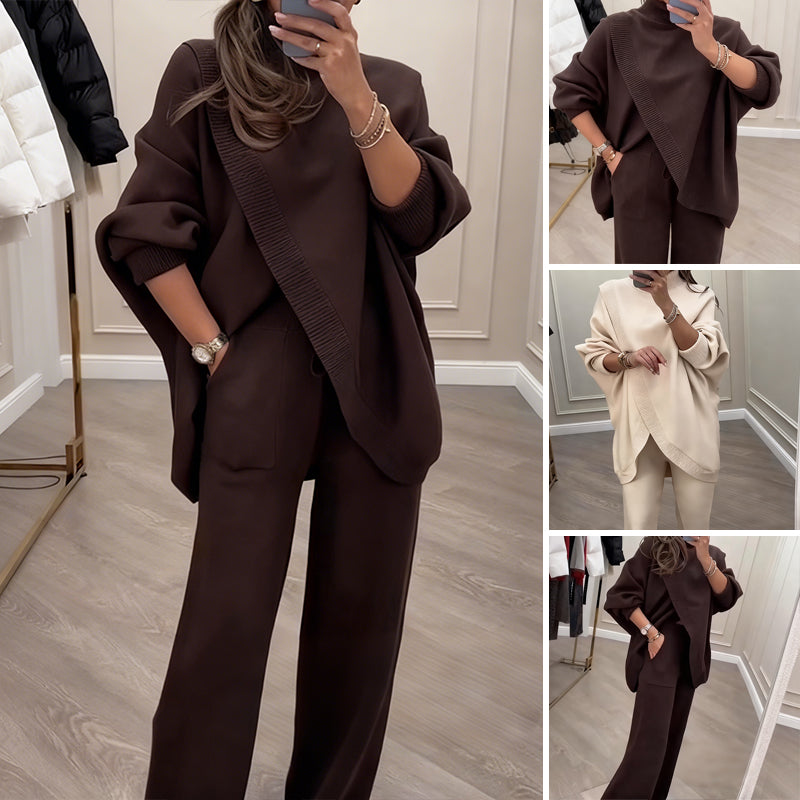 Women's 2-piece set – Asymmetrical sweater + wide-leg pants, relaxed fit and soft fabric, ultra comfortable 👚✨