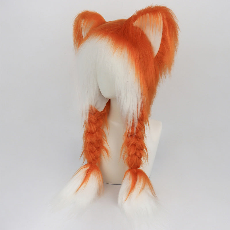 Plush Cat Ear Winter Hat with Braided Pigtails