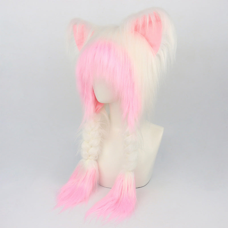 Plush Cat Ear Winter Hat with Braided Pigtails