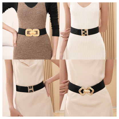 Women's Vintage Gold Buckle High Elastic Leather Belt