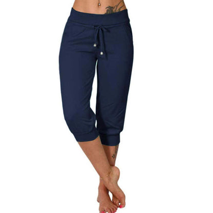 Drawstring Waist Cropped Sweatpants – Soft Polyester, Capri-Length & Side Pockets