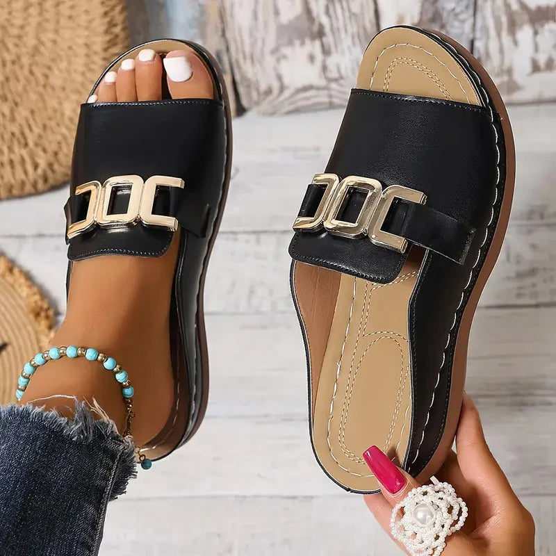 Artificial Leather Open Toe Slippers