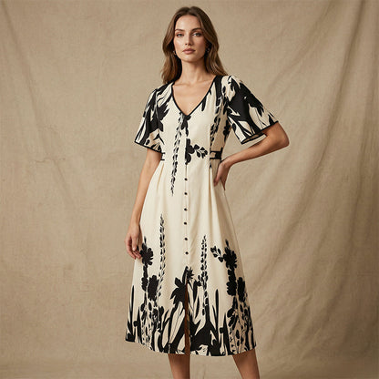 💥Soft Botanical Print V-Neck Midi Dress – Elegant, Lightweight & All-Match