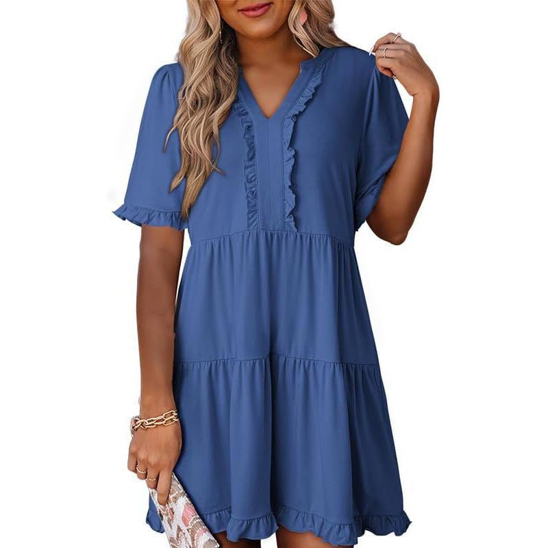Women's Ruffle Trim V-Neck Tiered Dress