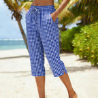 Gingham Capri Pants – Drawstring Comfort & Breathable Cotton-Linen