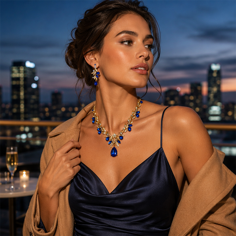 Sparkling Teardrop Pendant Necklace and Earrings Set