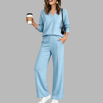 ✨Women's 2 Piece Outfits V Neck Lounge Set | Raglan Long Sleeve Top & Wide Leg Pants